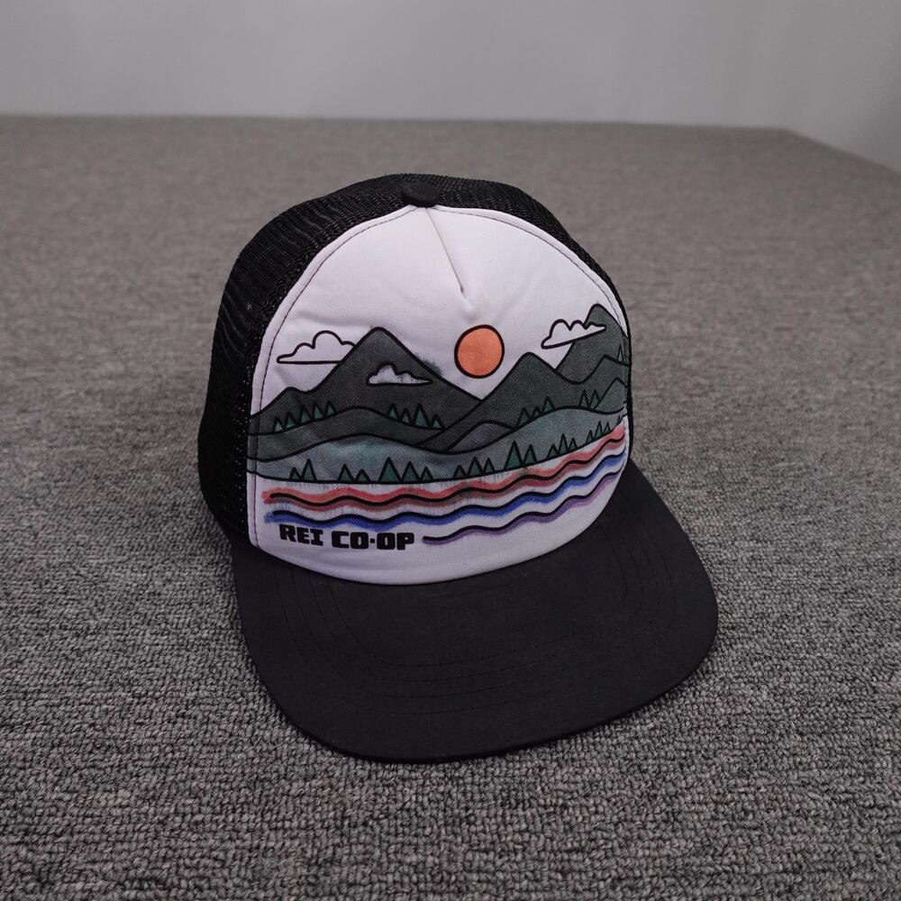 REI Co-op Hat Cap Snap Back Unisex One Size Black Mesh Trucker Mountain Graphic